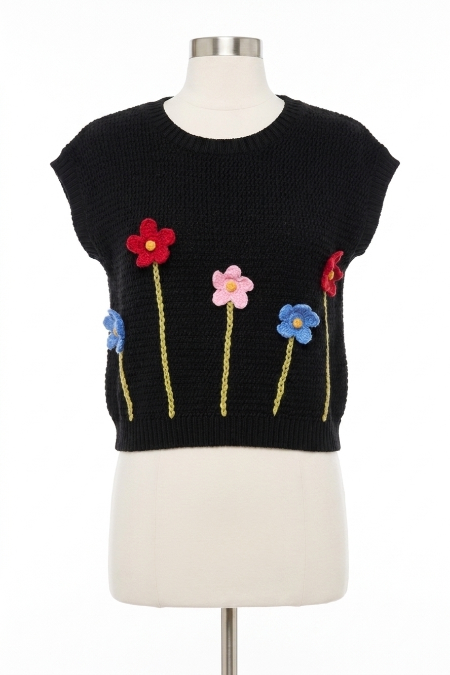 NEW BLU PEPPER 3d crochet floral short sleeve sweater top in black